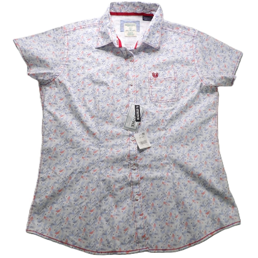 NWT Panhandle Rough Stock Women Large Western Shirt Short Sleeve Americana White